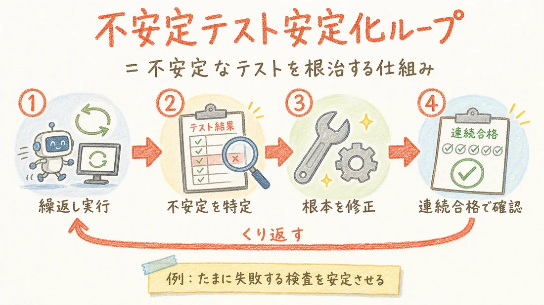 不安定テスト安定化ループの図解(番号付き手順)