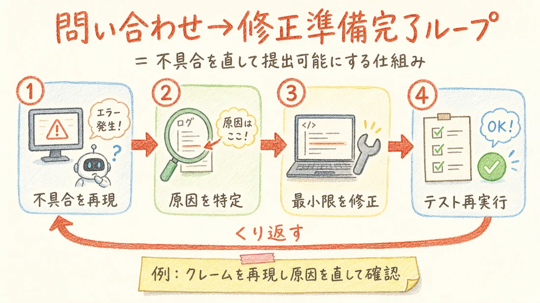 問い合わせ→修正準備完了ループの図解(番号付き手順)