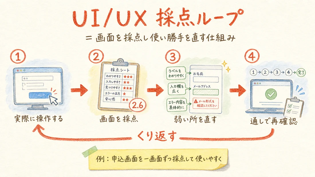 UI/UX 採点ループの図解(番号付き手順)