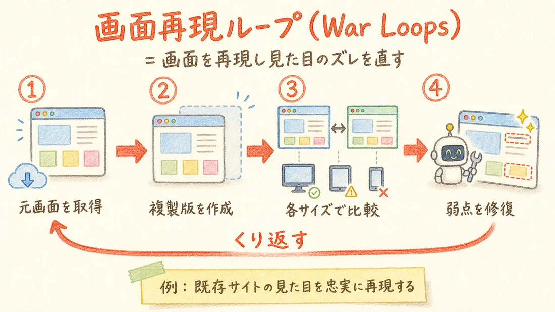 画面再現ループ(War Loops)の図解(番号付き手順)