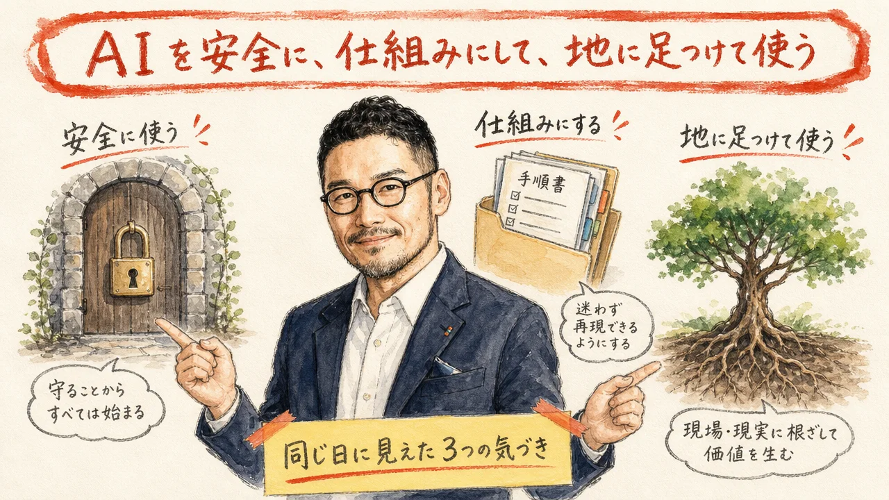 安全・仕組み化・地に足の3つの気づきをまとめた図解