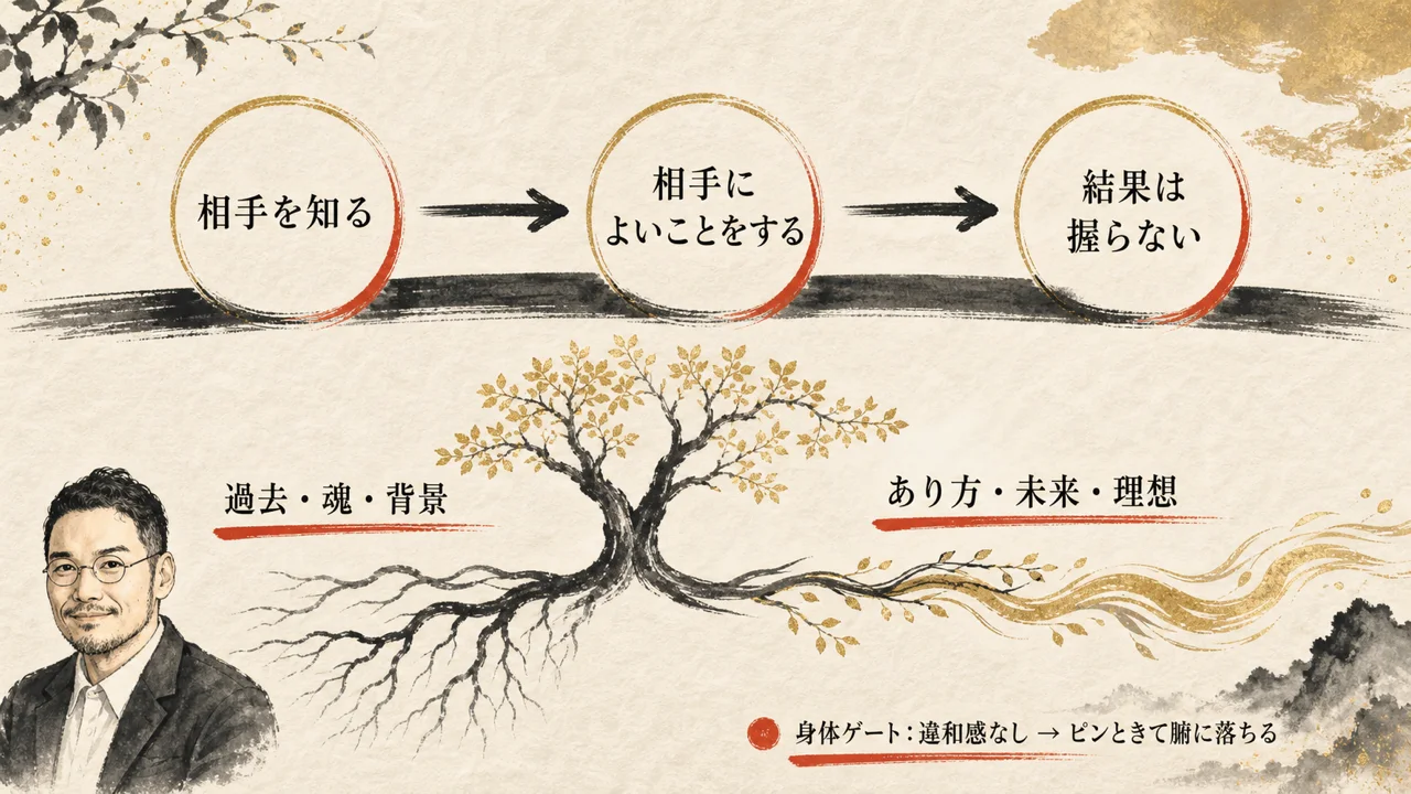 相手を知る、相手によいことをする、結果は握らないという絆徳と、ありのままの軸をまとめた全体図解
