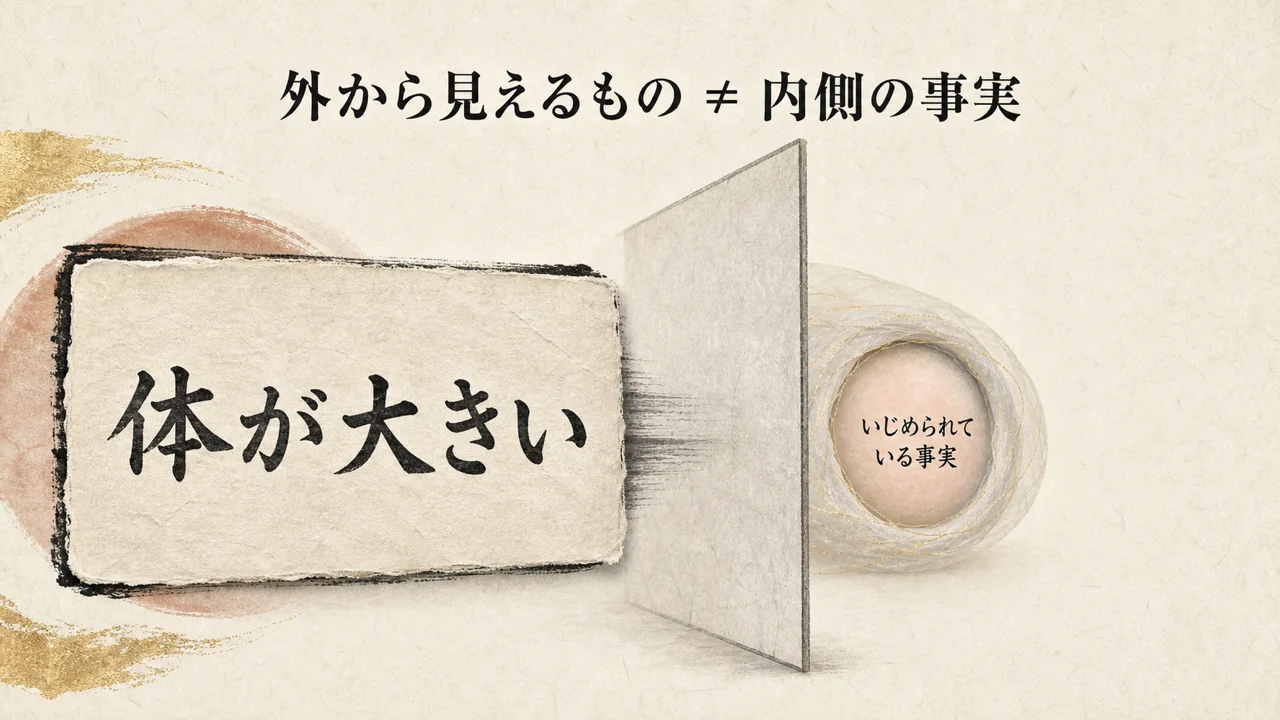 体が大きいという外見のラベルが、いじめられている内側の事実を覆う構造を描いた図解