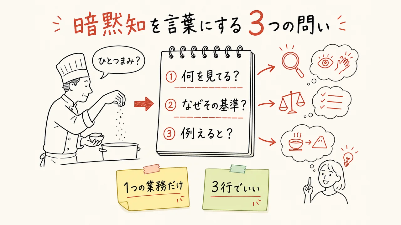 暗黙知を言葉にする3つの問いとメモ帳の図解