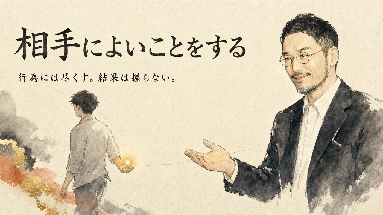 相手によいことをする行為には尽くし、結果は握らず手放す、ひろくんコラムの図解