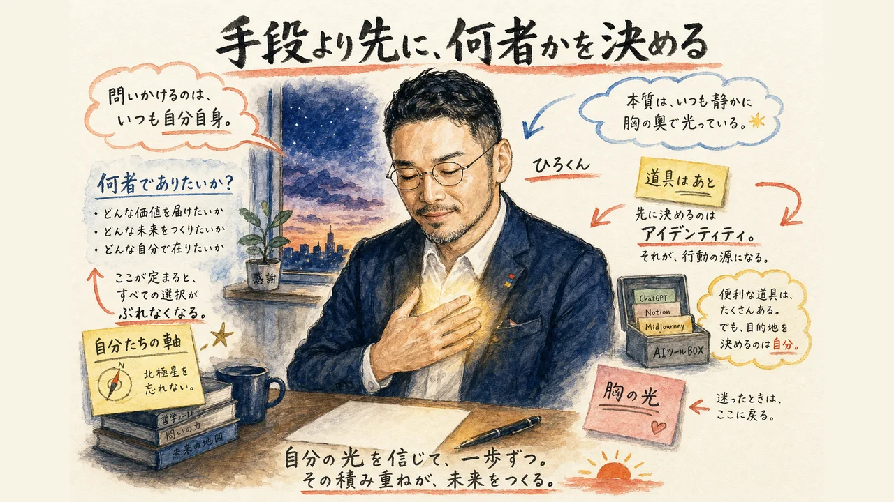 手段より先に自分たちが何者かを決める大切さを表したひろくんコラムの図解