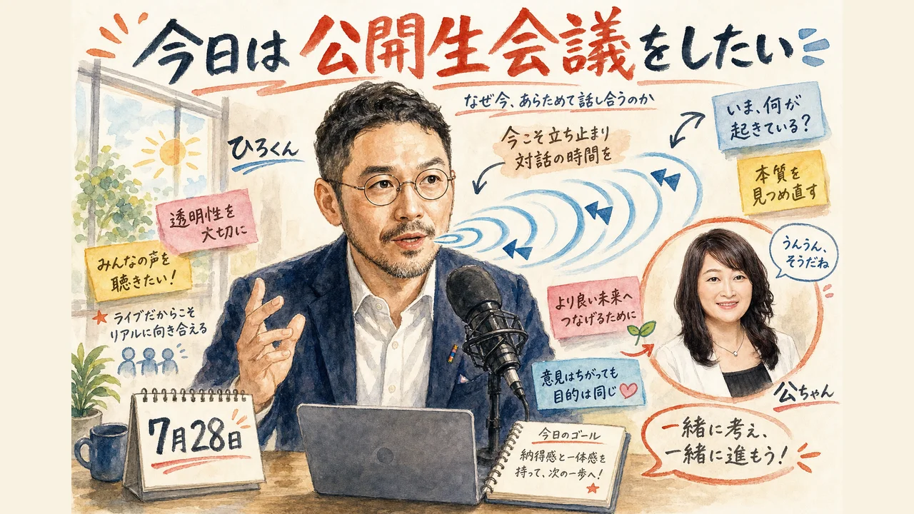 ひろくんと公ちゃんが公開生会議を始める様子を描いた図解