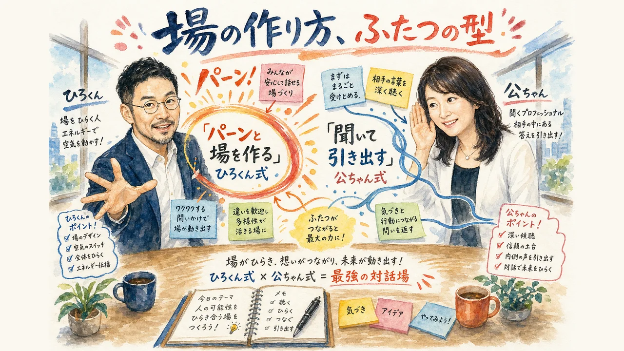 ひろくんの場を作るスタイルと公ちゃんの聞いて引き出すスタイルを対比した図解