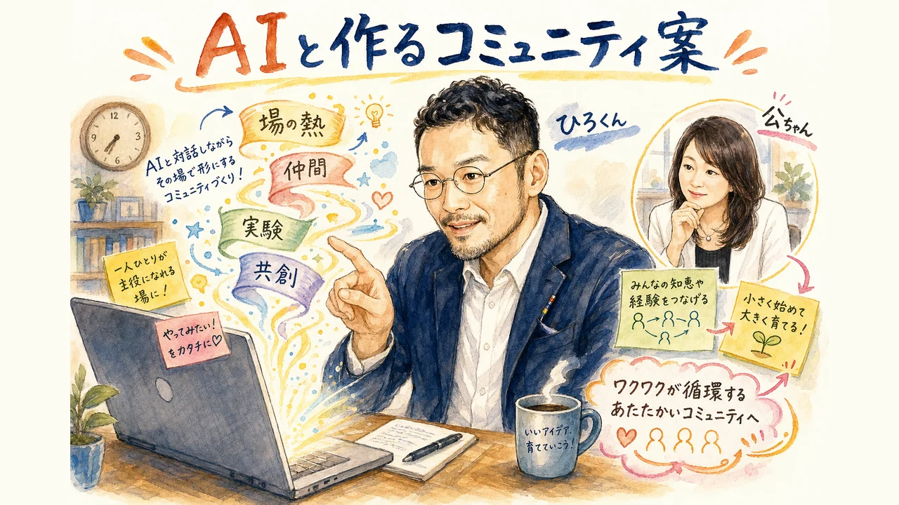 ひろくんがNotionを使ってコミュニティのコンセプト案をその場で作る様子の図解
