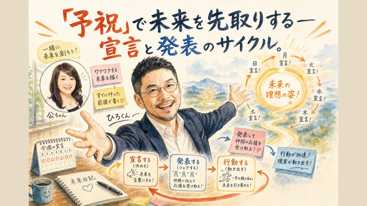 予祝で未来を先取りして発表するサイクルを表した図解