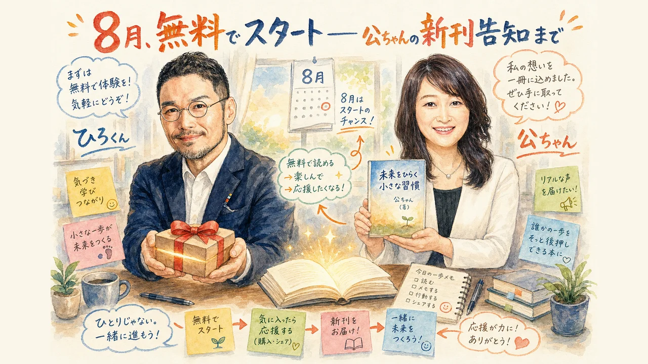 8月に無料コミュニティをスタートし公ちゃんの新刊も告知される様子の図解