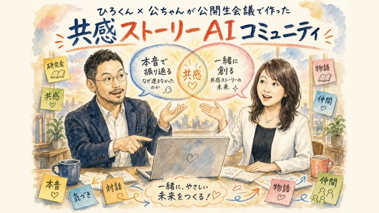 ひろくんと公ちゃんが公開生会議で共感ストーリーAIコミュニティを作る様子の全体図解
