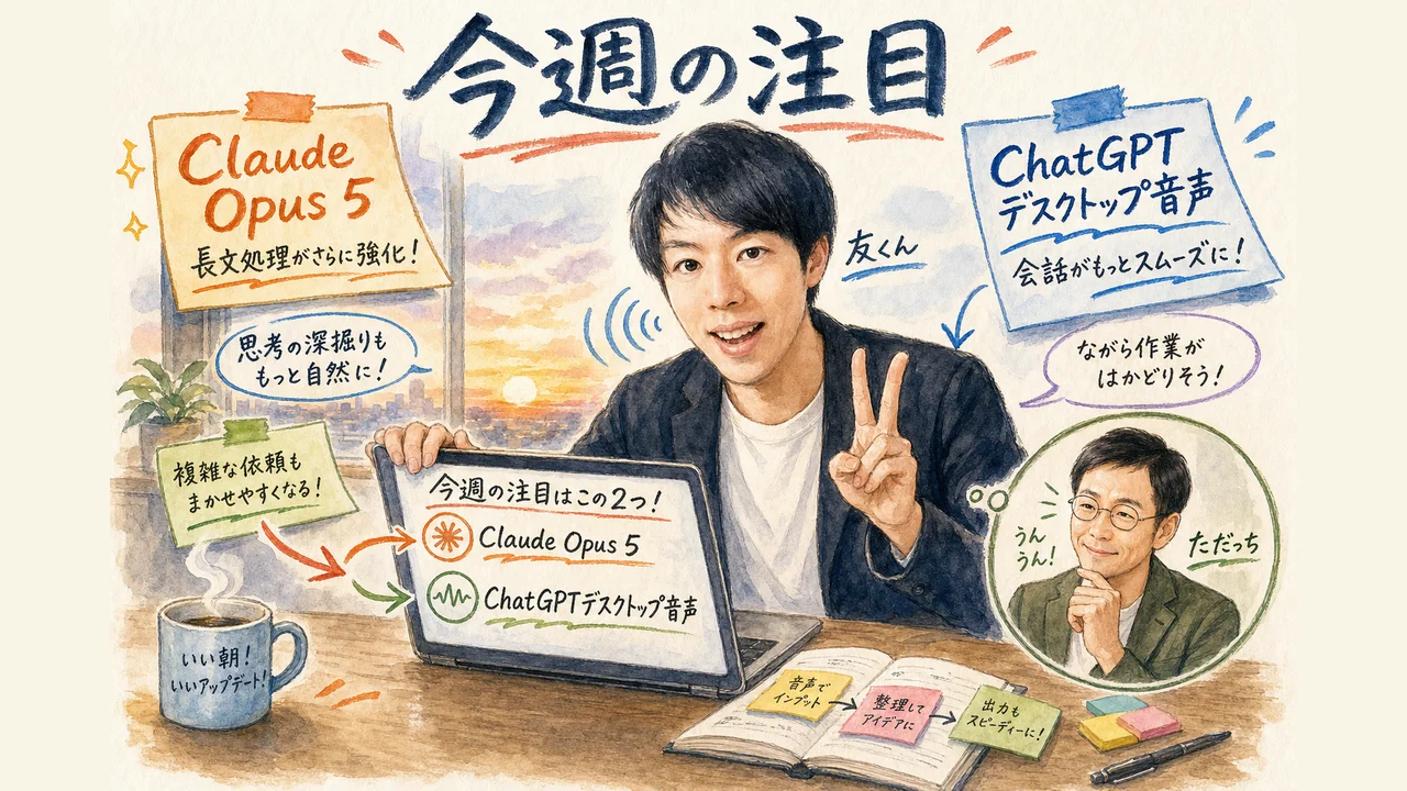 5人の出演者と今週のAI注目トピックスを1枚に整理した図解