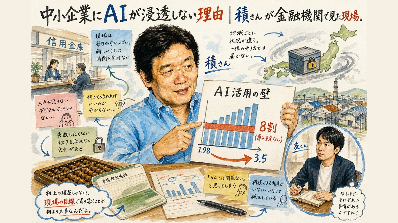 中小企業に生成AIが浸透しない理由と金融機関の役割を示した図解