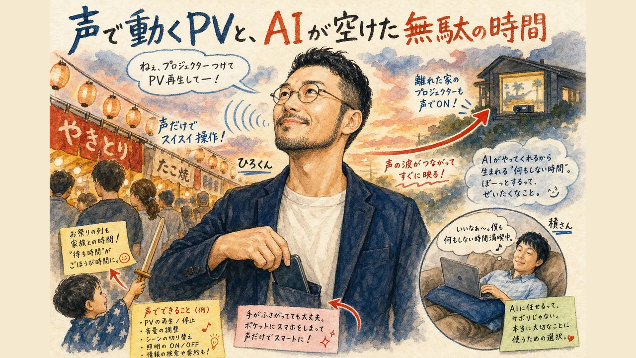 声でパソコンを操作するPVとAIが空けた余白の時間を示した図解