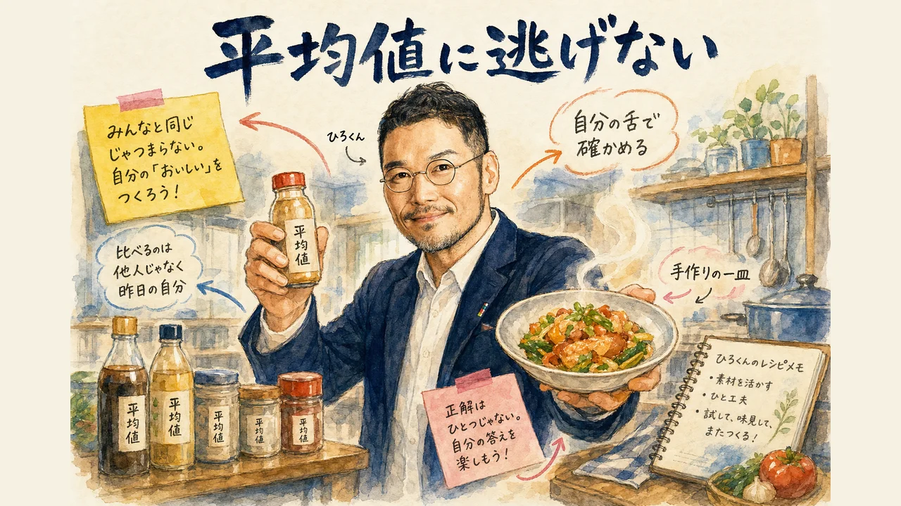 平均値に逃げないAIとの付き合い方を表したひろくんコラム図解