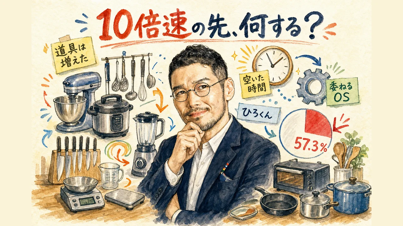 10倍速の先に何をするか、道具に囲まれて考え込むひろくんを描いた図解