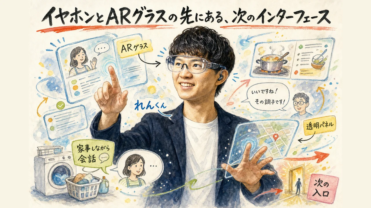 ARグラスとイヤホンで家事をしながらAIと対話する未来像を示した図解
