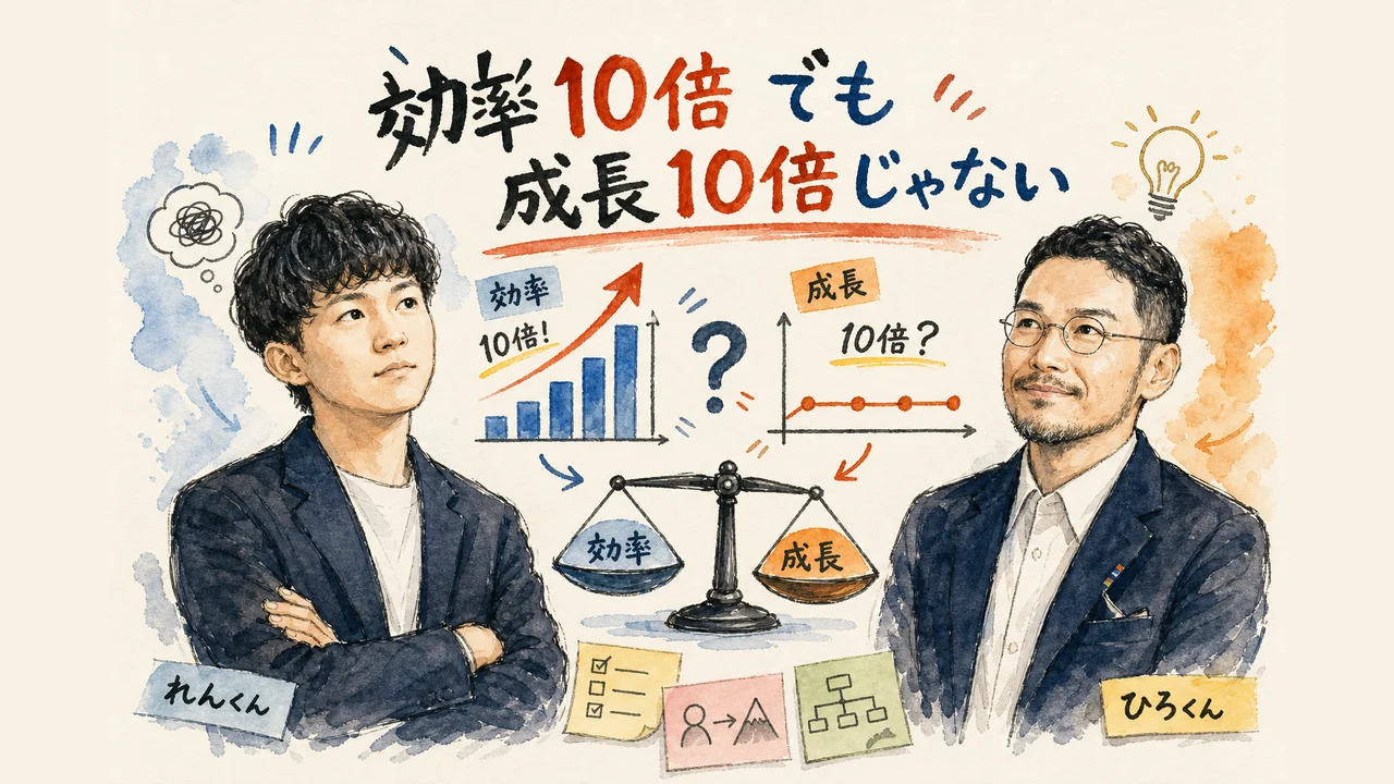 作業効率10倍と自分の成長のギャップを示した図解