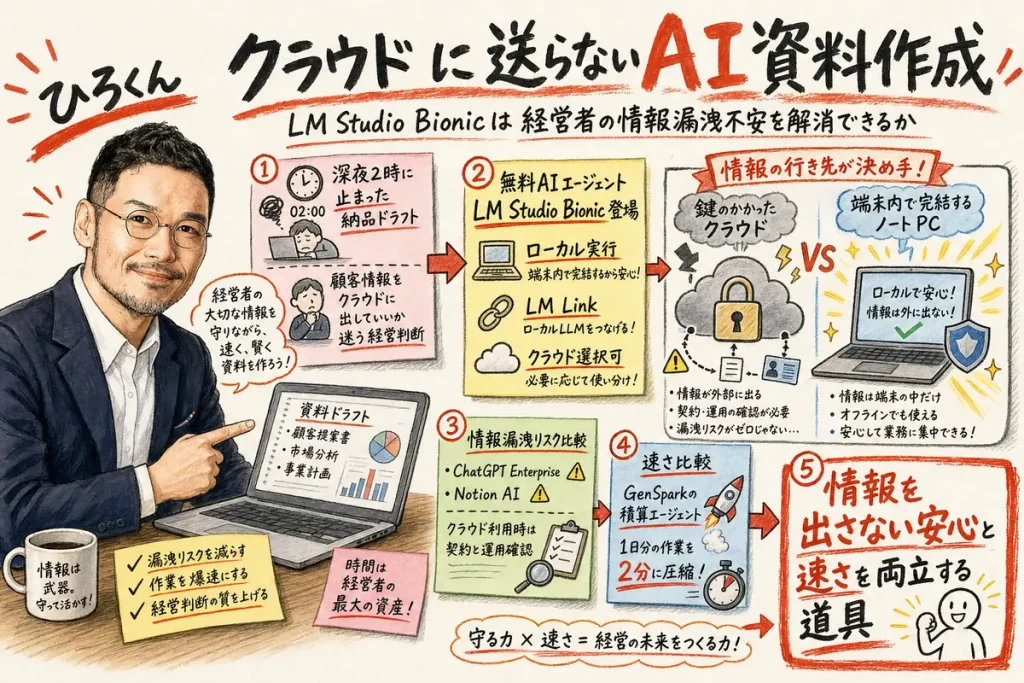 クラウドに送らないAI資料作成|LM Studio Bionicは経営者の情報漏洩不安を解消できるかのアイキャッチ図解