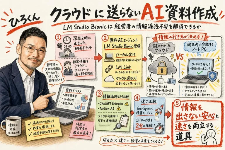 クラウドに送らないAI資料作成｜LM Studio Bionicは経営者の情報漏洩不安を解消できるかのアイキャッチ図解