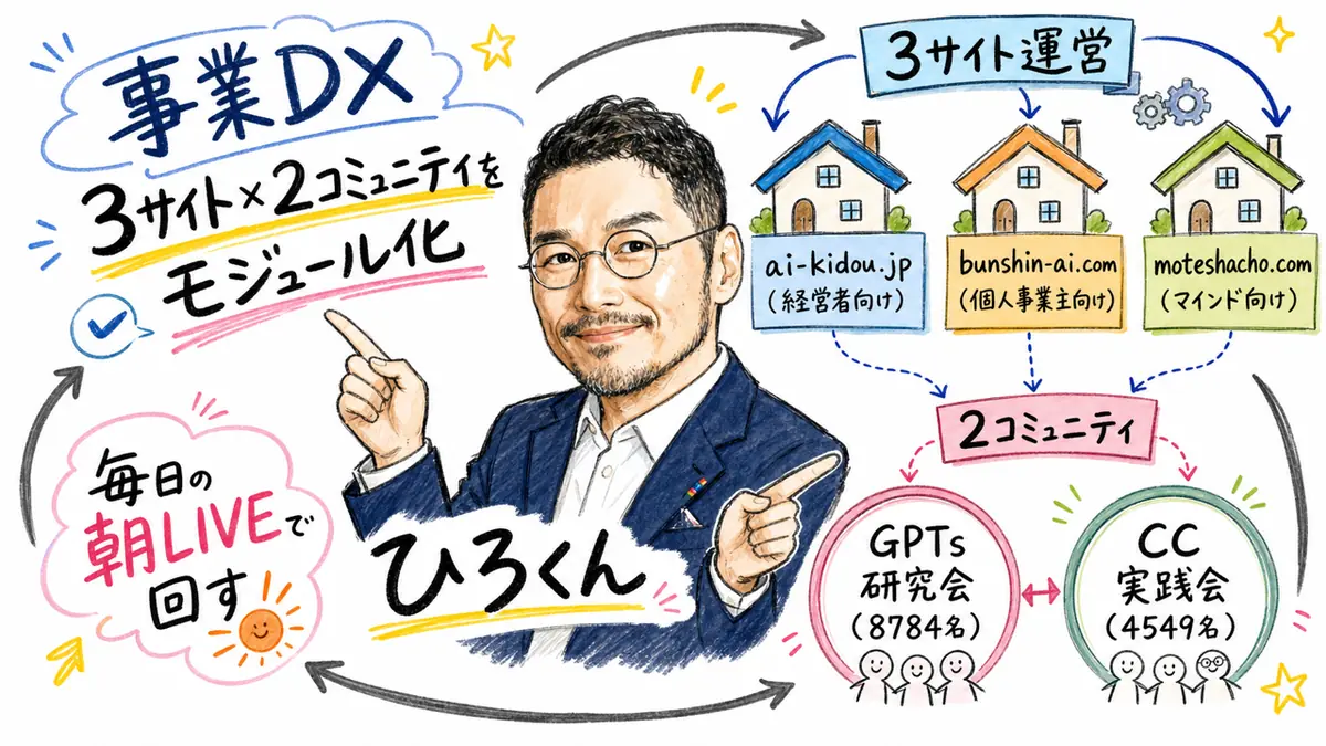 事業DX:3サイト×2コミュニティをモジュール化した図解