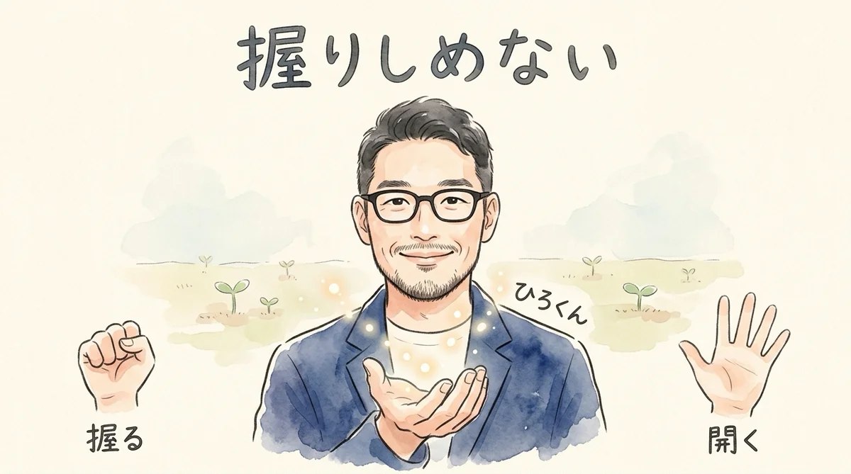 握りしめた手と開いた手を対比したコラム図解