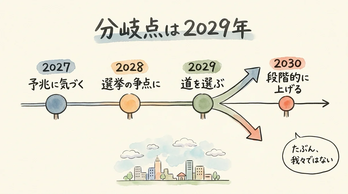 2029年合意・2035年一時停止・2040年解除の年表図解
