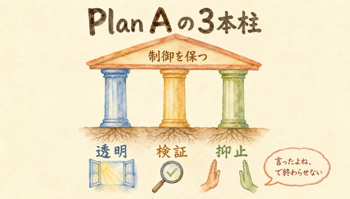 透明化・並走・相互確証計算破壊というPlan A 3本柱の図解