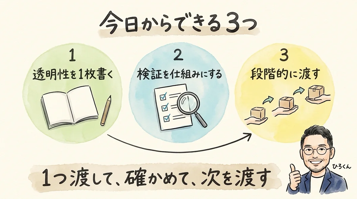1つ渡して、確かめて、次を渡す。AI導入の順番の図解