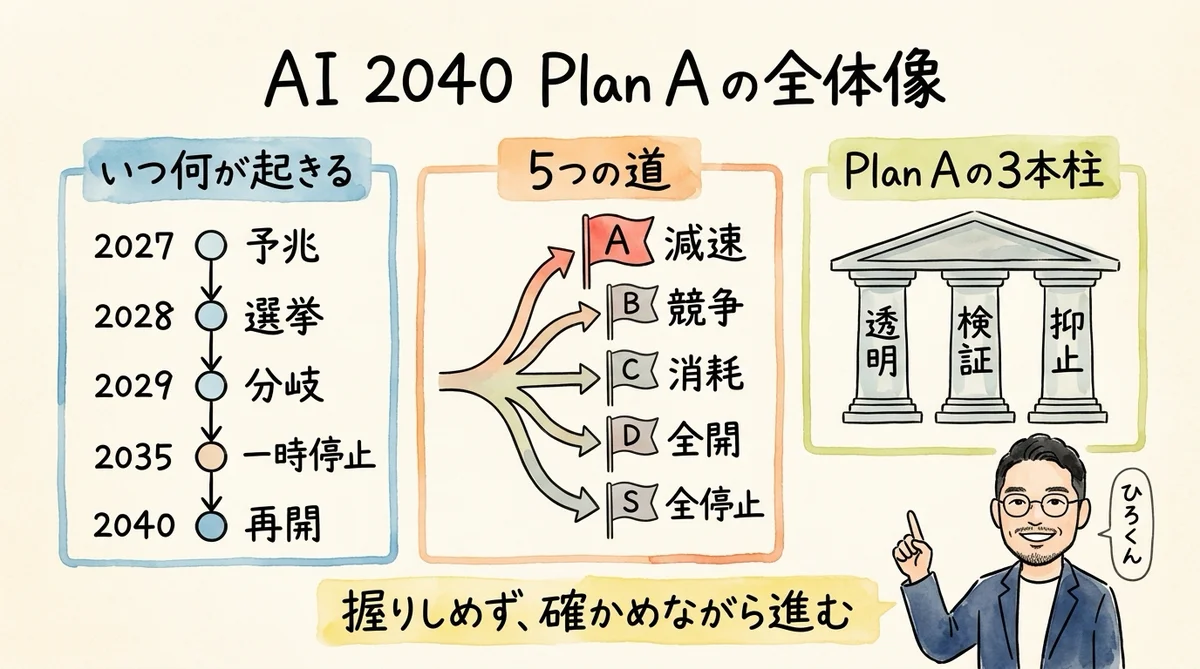 AI 2040 Plan A の全体像。年表・5つの道・3本柱を1枚にまとめた図解