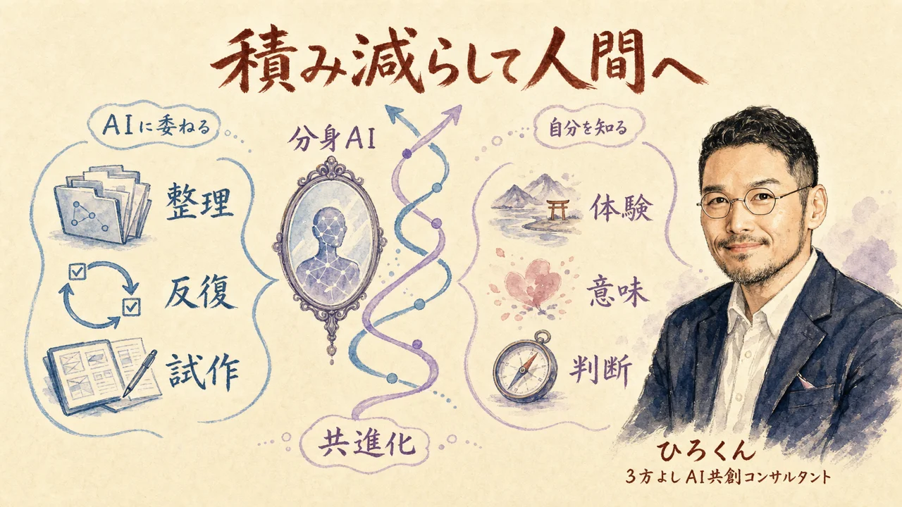 AIに整理・反復・試作を委ね、人間が体験・意味・判断を生きて共進化する図解