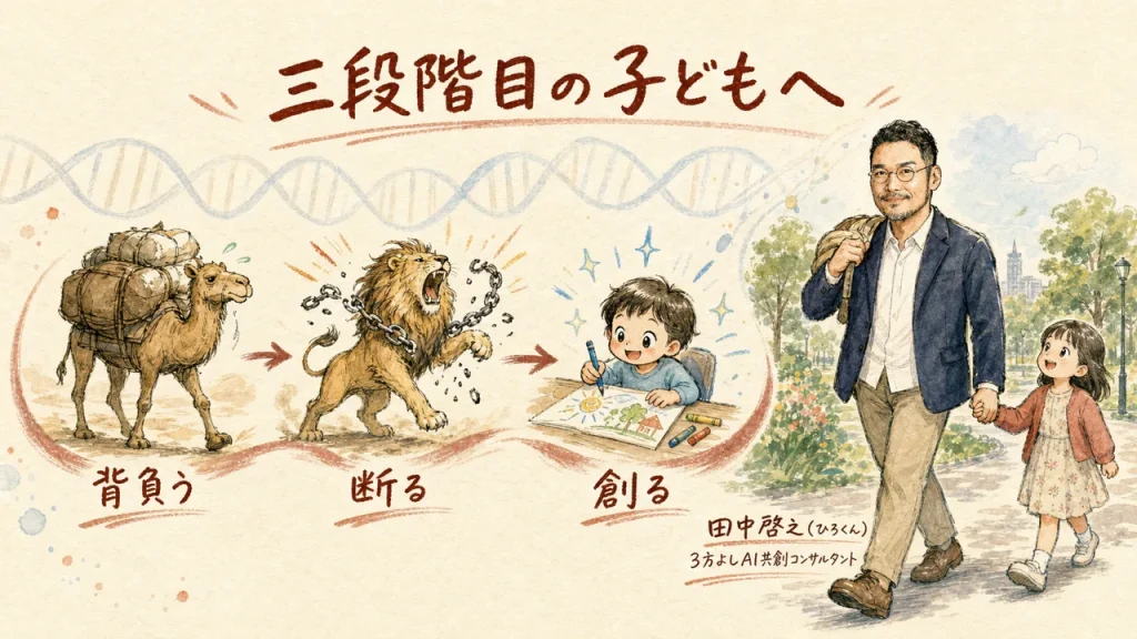 ラクダ、ライオン、子どもの三段階を経て娘と公園へ歩く田中啓之（ひろくん）