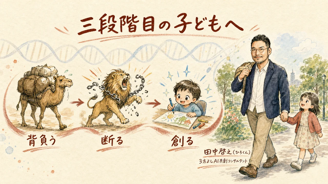ニーチェのラクダ・ライオン・子どもの三段階を娘との公園遊びに重ねる図解