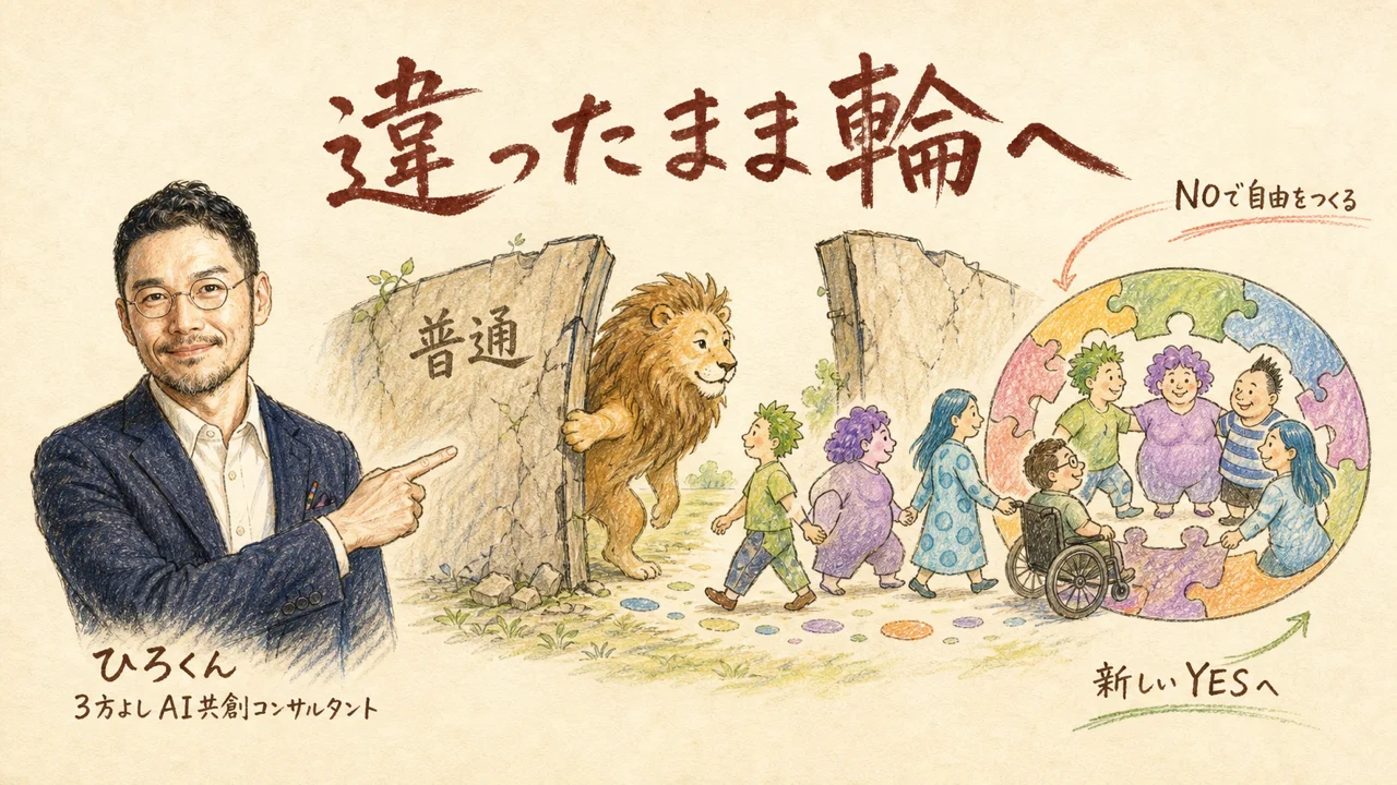 ライオンが普通という境界を開き凸凹の異なる人たちが違ったまま輪へ入る図解