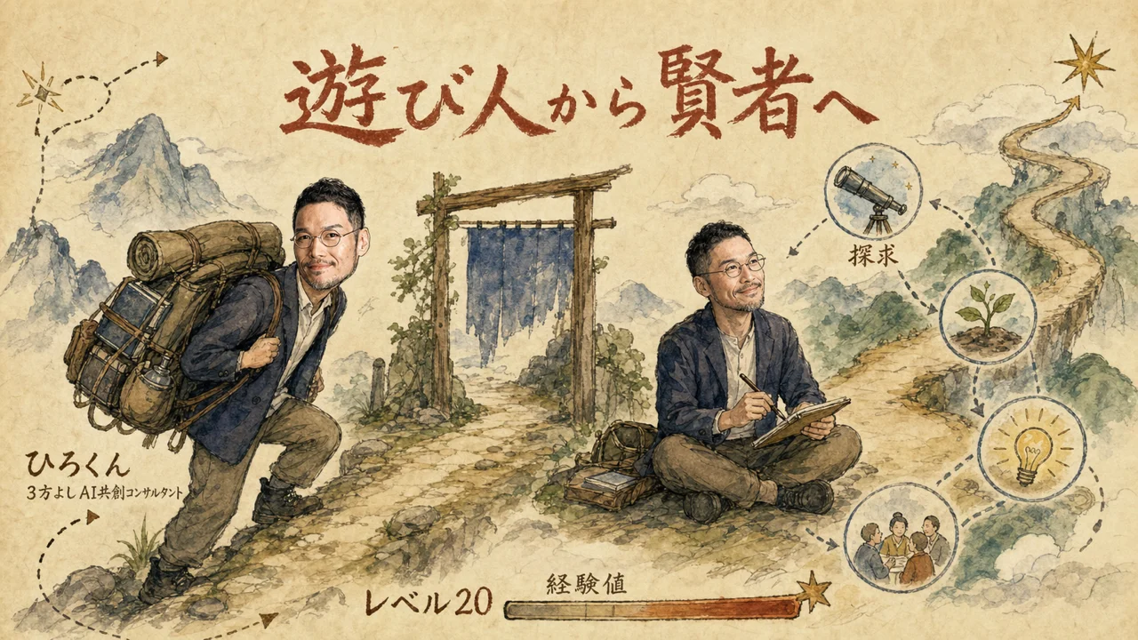 レベル20まで経験を積み遊びと探求から賢者へ進むひろくんの冒険図解