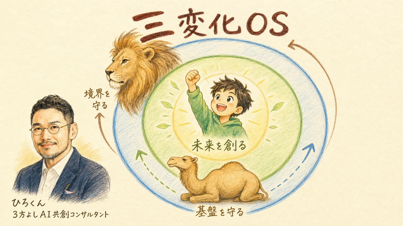 ラクダが基盤、ライオンが境界、子どもが未来を守り創る三変化OS図解