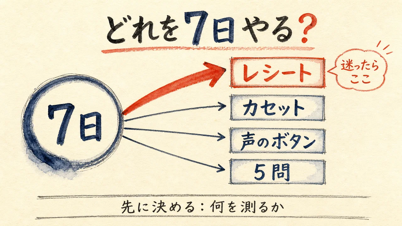 4つのAIビジネス案から7日で試すものを1つ選ぶ