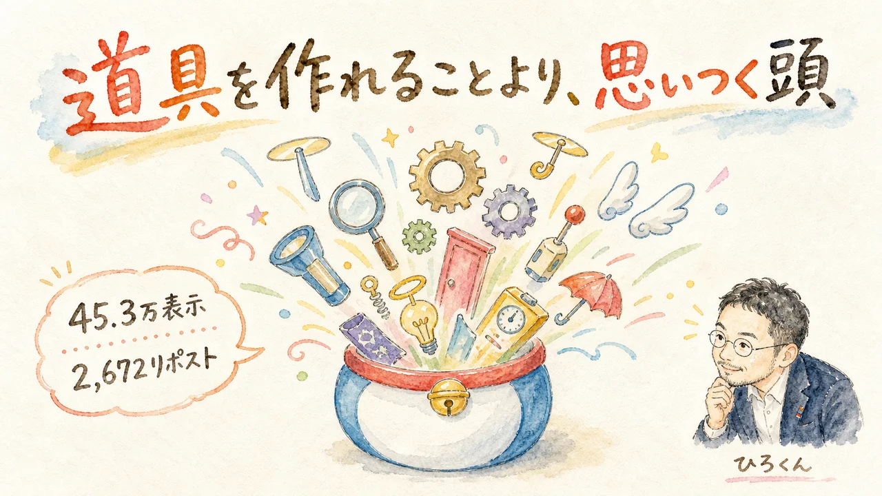 ドラえもんの道具箱から色々な道具が飛び出す図解