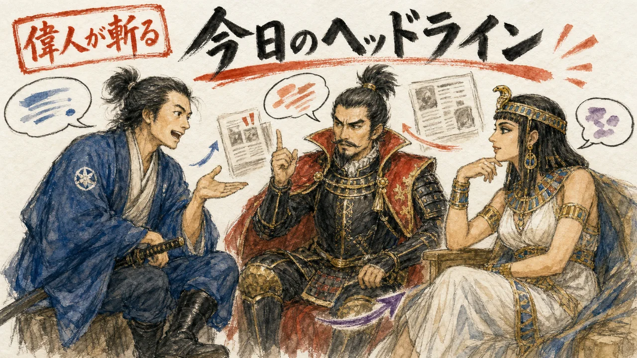 坂本龍馬・織田信長・クレオパトラが今日のヘッドラインを論じる図解