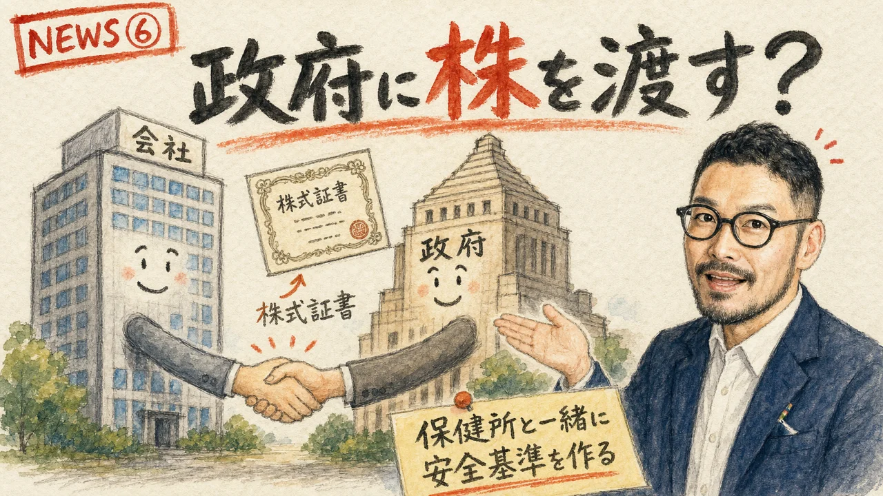 OpenAIが米国政府へ株式を検討する様子を示すひろくんの図解