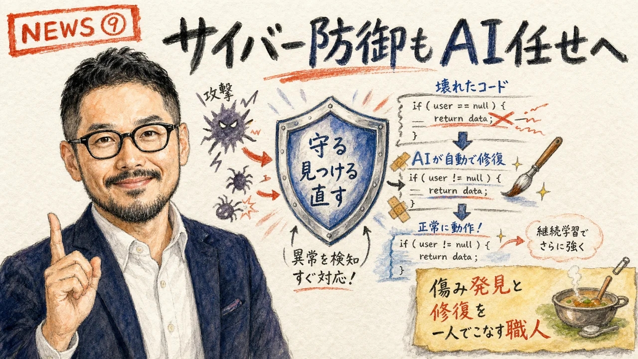 CognizantとOpenAIのサイバー防御サービスを示すひろくんの図解