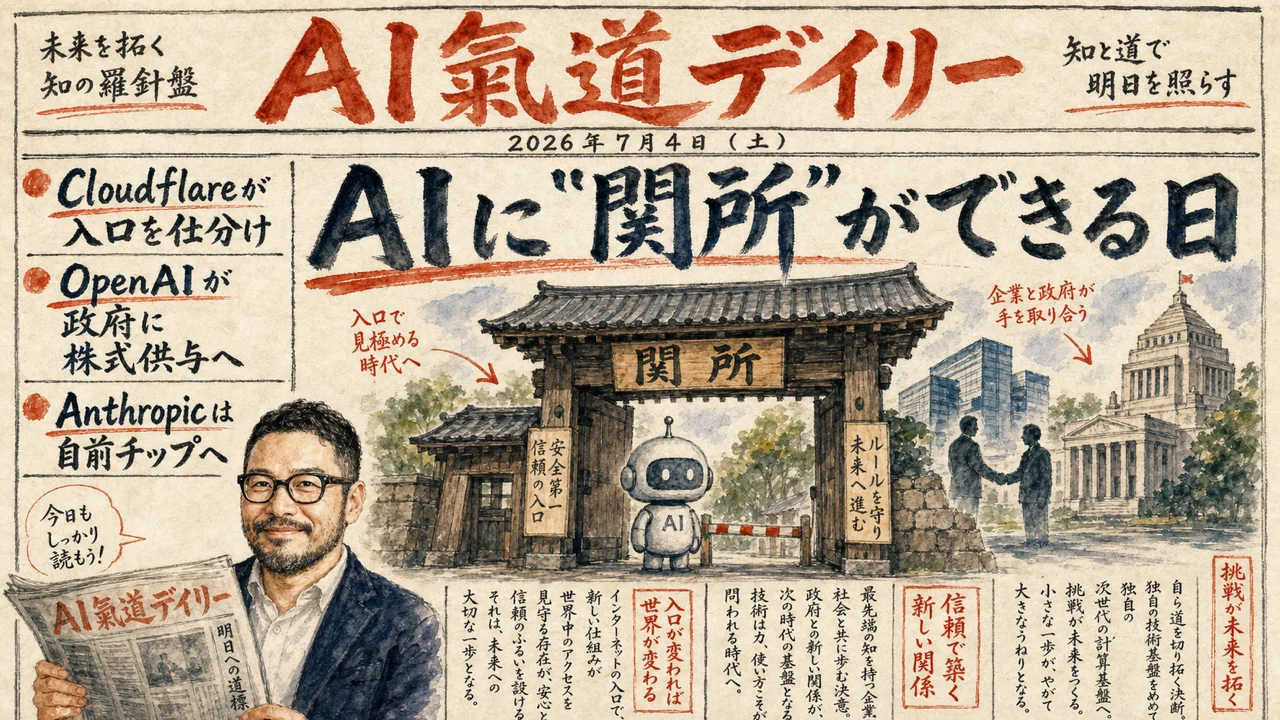 サイトの関所とAIタダ乗りを伝える新聞風ニュース図