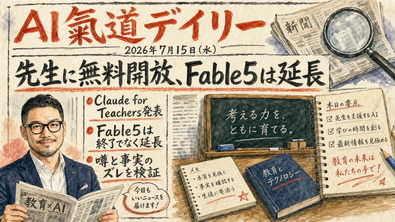 Claude for Teachersの無料開放とFable5延長の真相を伝える新聞風ニュース図