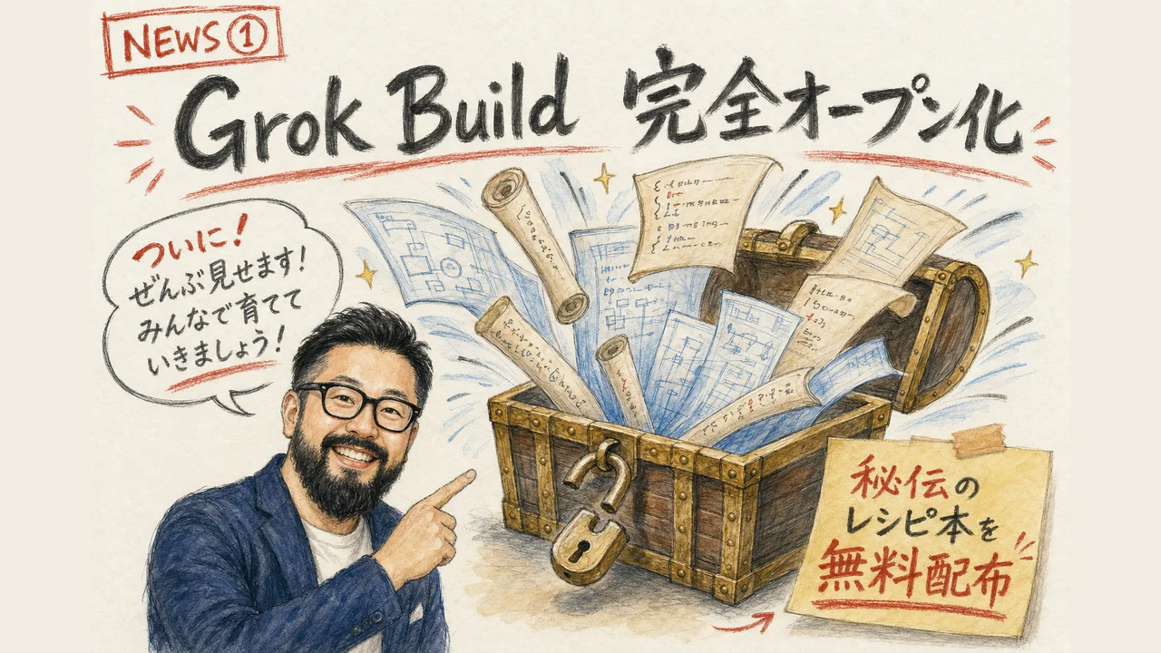 Grok Buildのオープンソース化を示す手描き図解