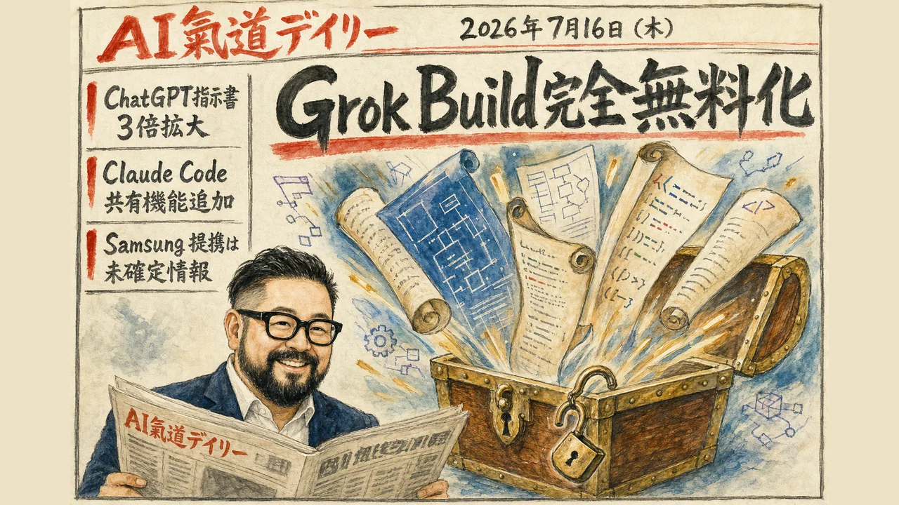 Grok Buildの無料化とChatGPTの指示書上限拡大を伝える新聞風ニュース図