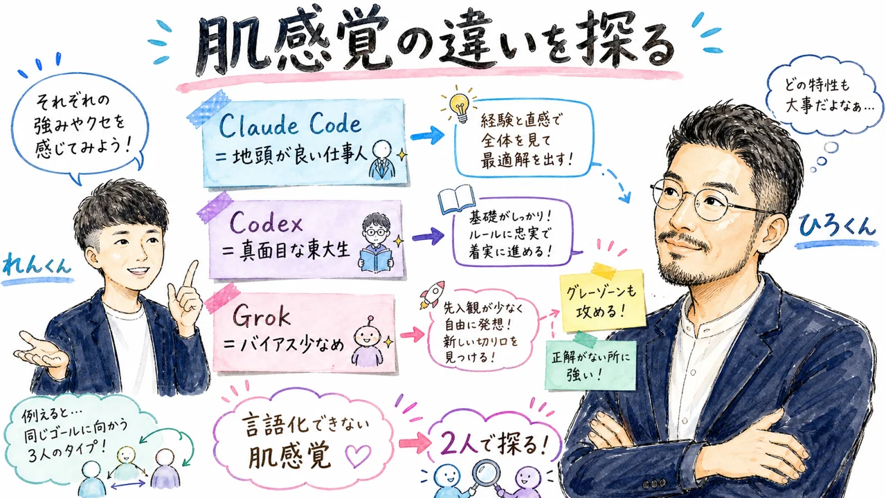 各AIモデルの肌感覚の違いを語るひろくんとれんくん