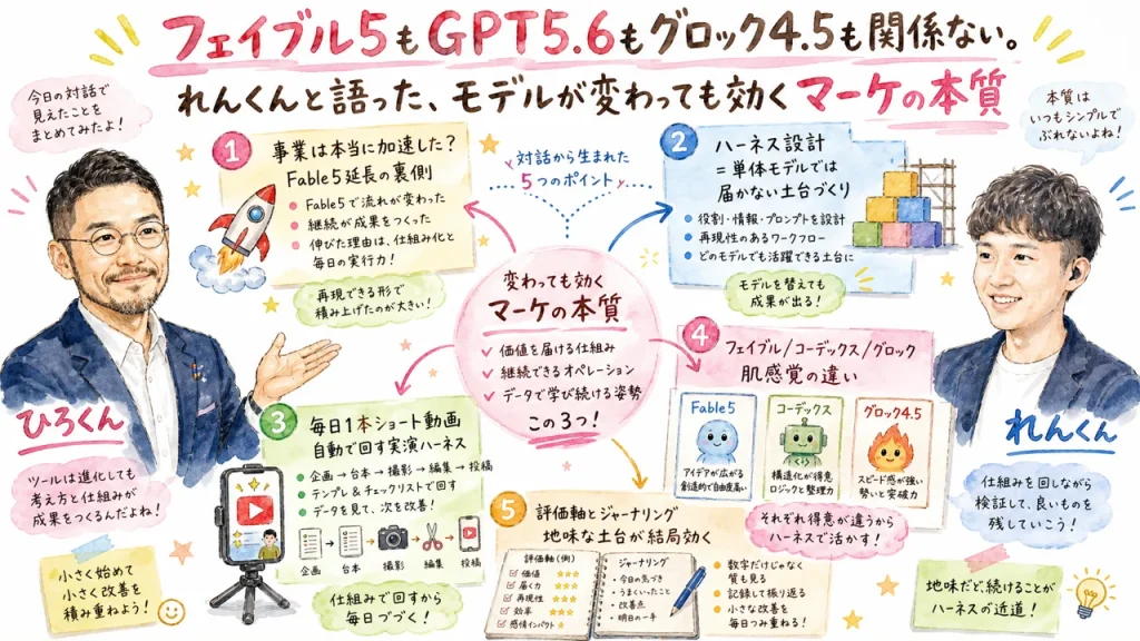 Fable5延長の考察とAI経営術の本質を紹介する水彩グラレコ全体図