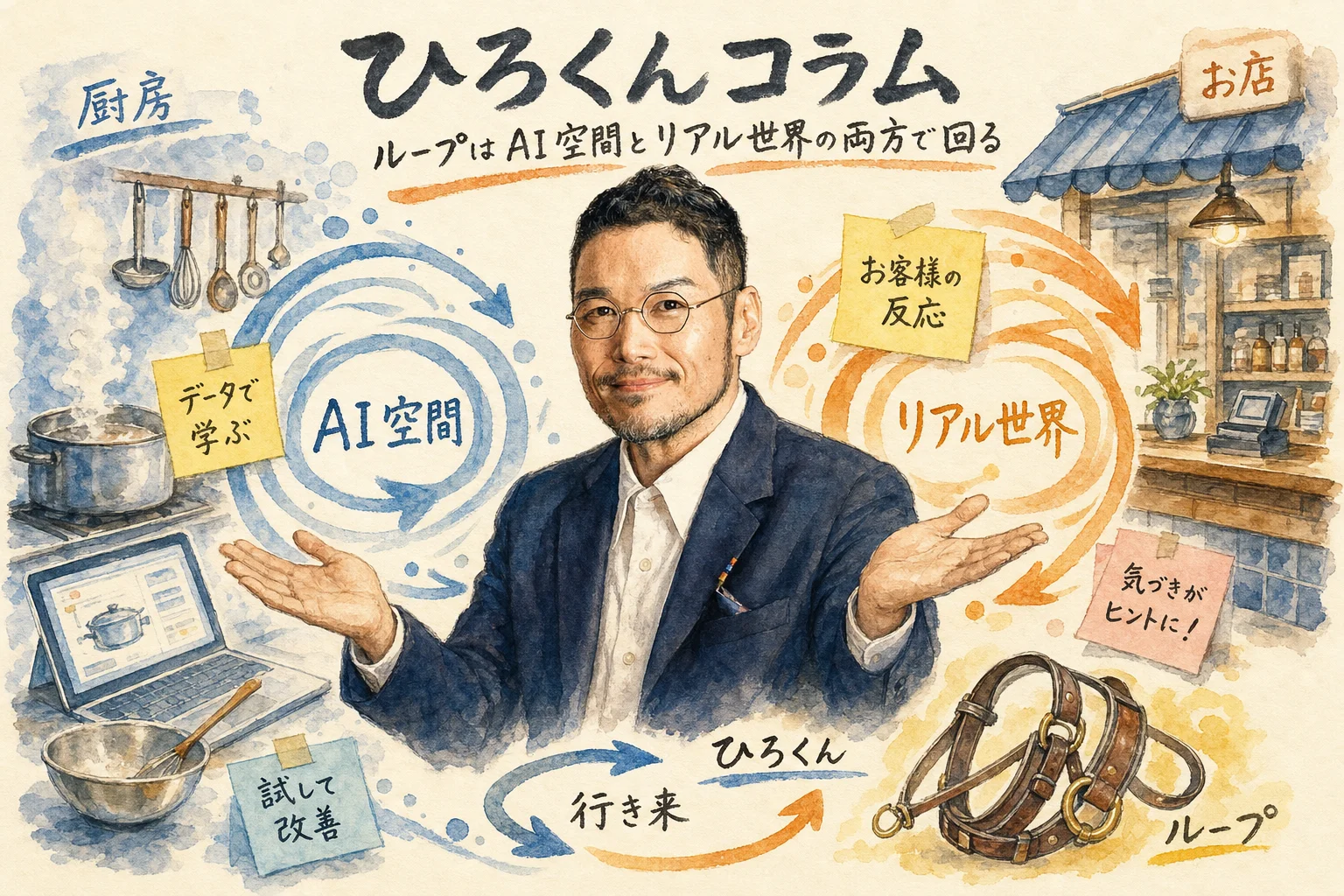 AI空間とリアル世界のダブルループを図解したひろくんのコラム画像