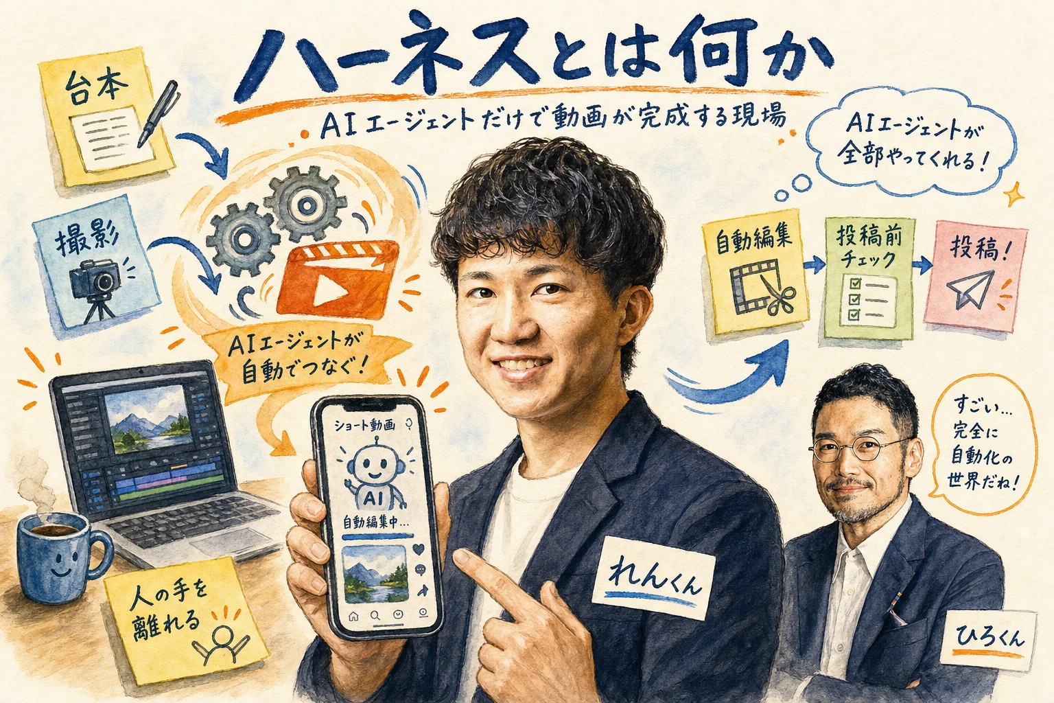 ショート動画ハーネスを解説するれんくんとひろくん